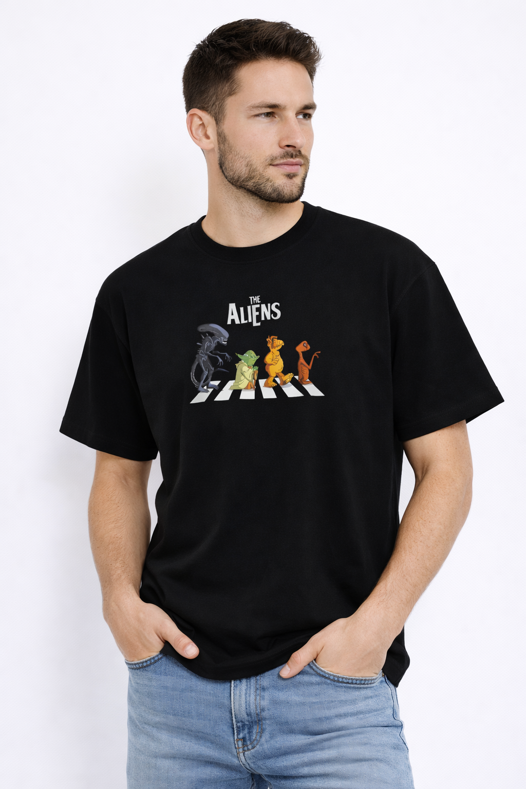 MİNBLU Uzaylı Karakter Baskılı Siyah Tişört