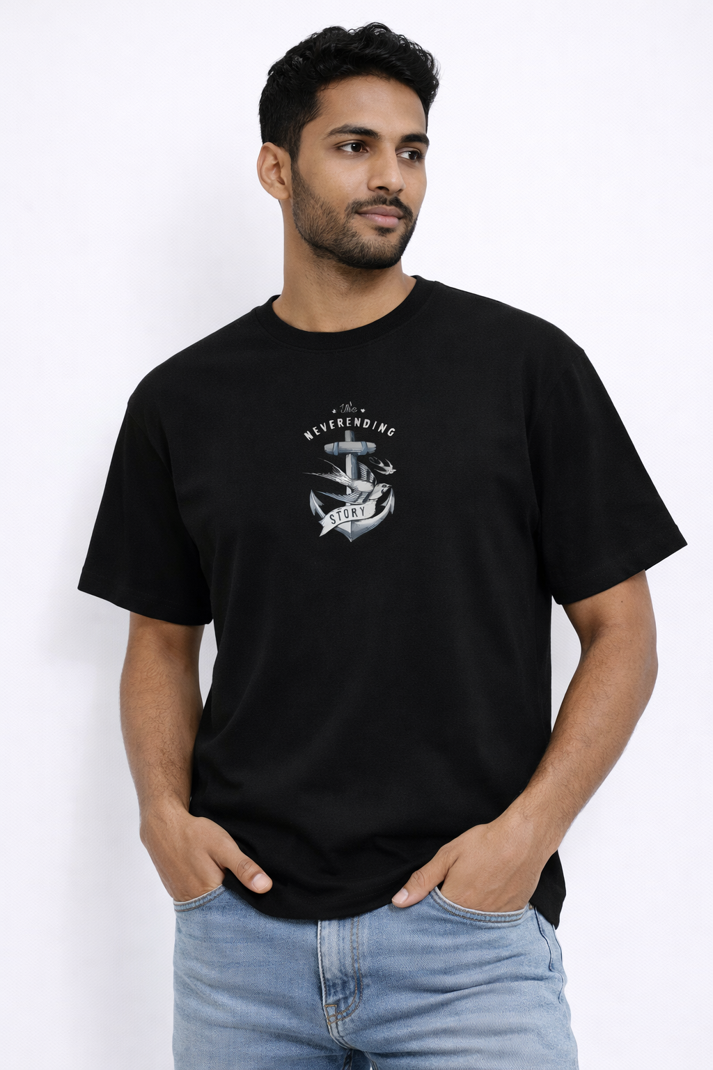 MİNBLU Çıpa Baskılı Siyah Tişört