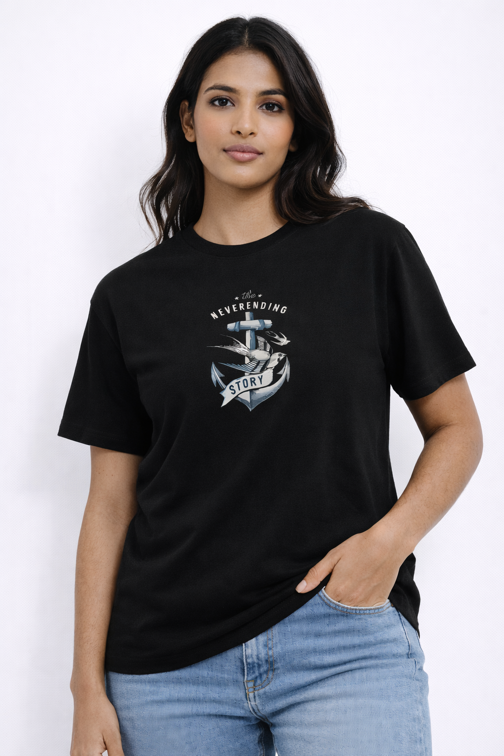 MİNBLU Çıpa Baskılı Siyah Tişört