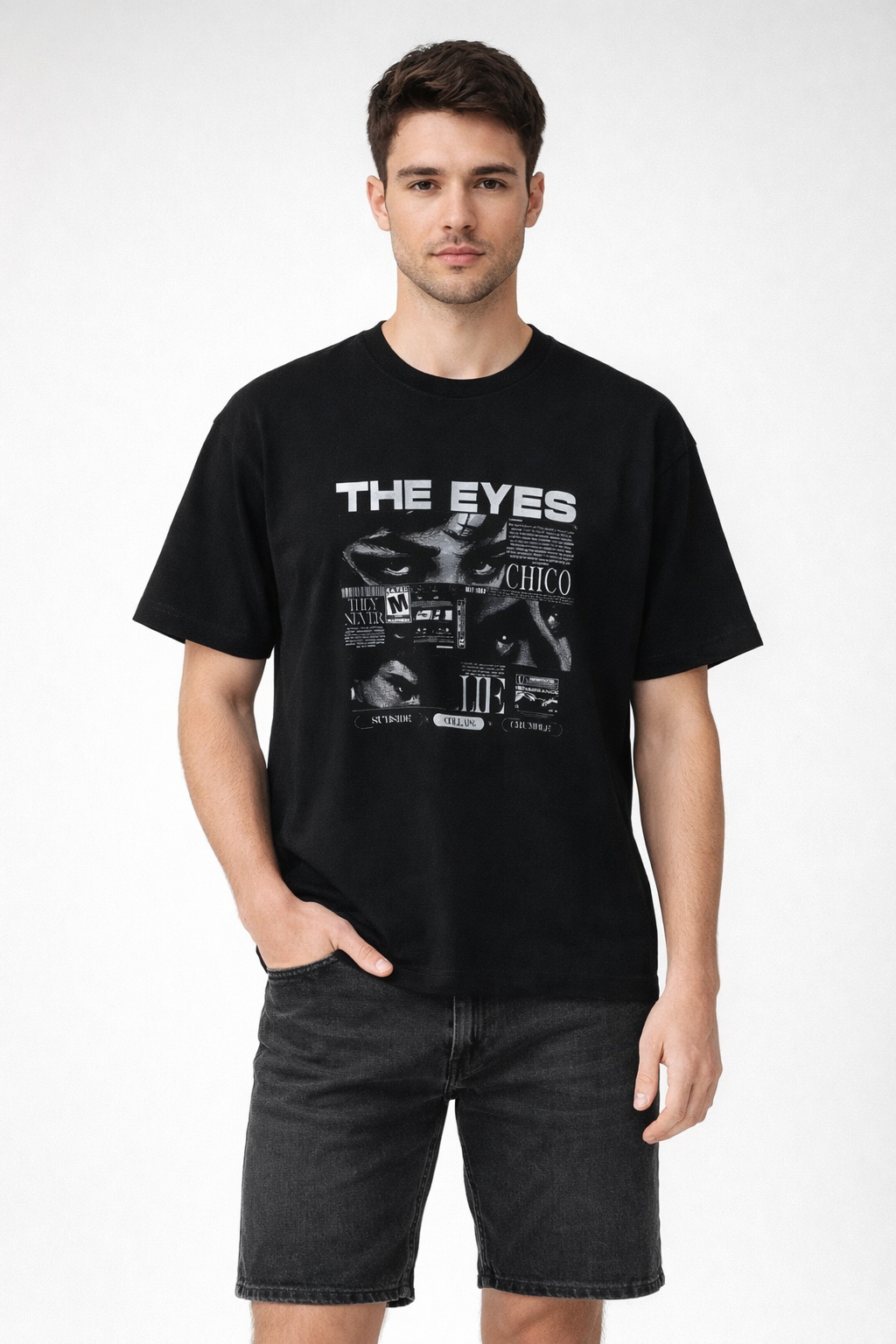 MİNBLU The Eyes Baskılı Siyah Tişört