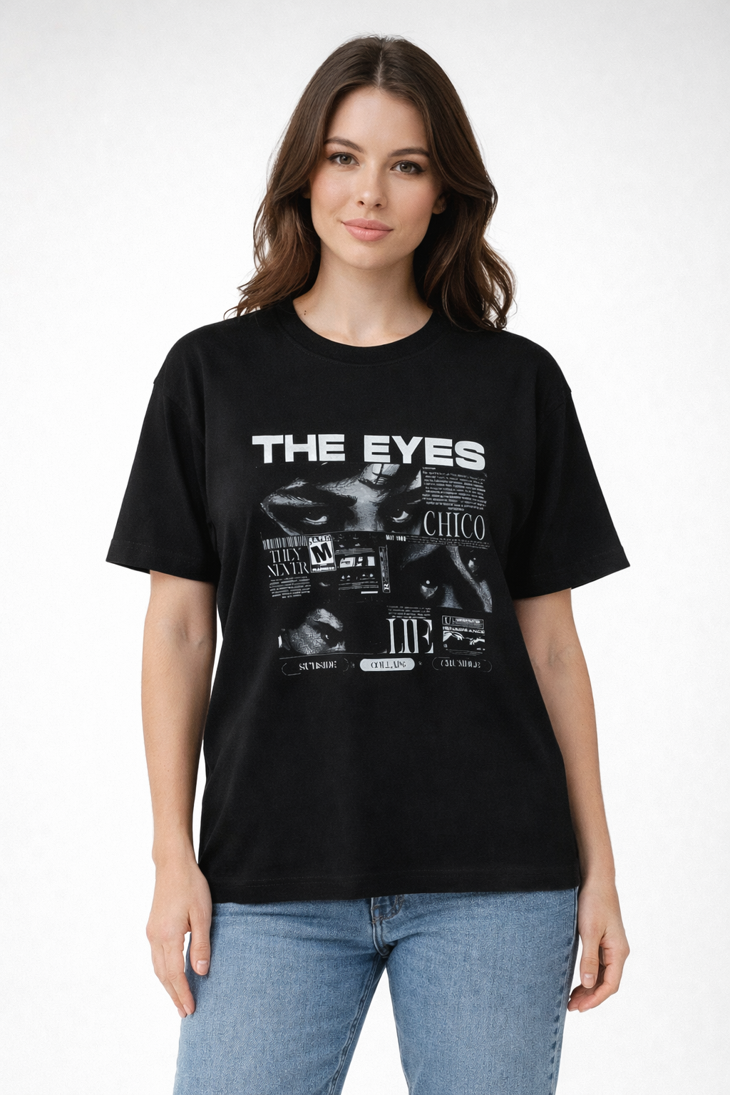 MİNBLU The Eyes Baskılı Siyah Tişört