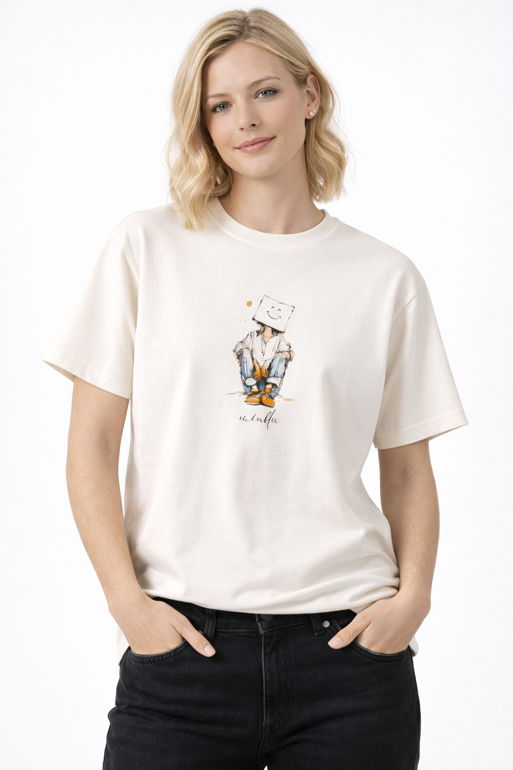 MİNBLU Gülümse Temalı Ekru Tişört
