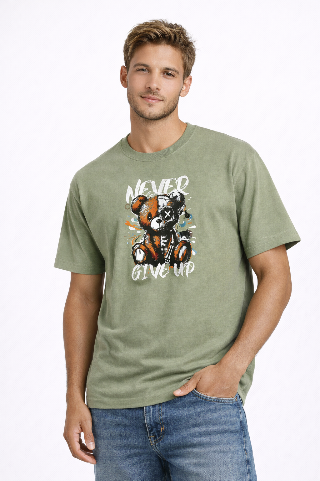 MİNBLU Ayıcık Temalı Küf Yeşili Tişört