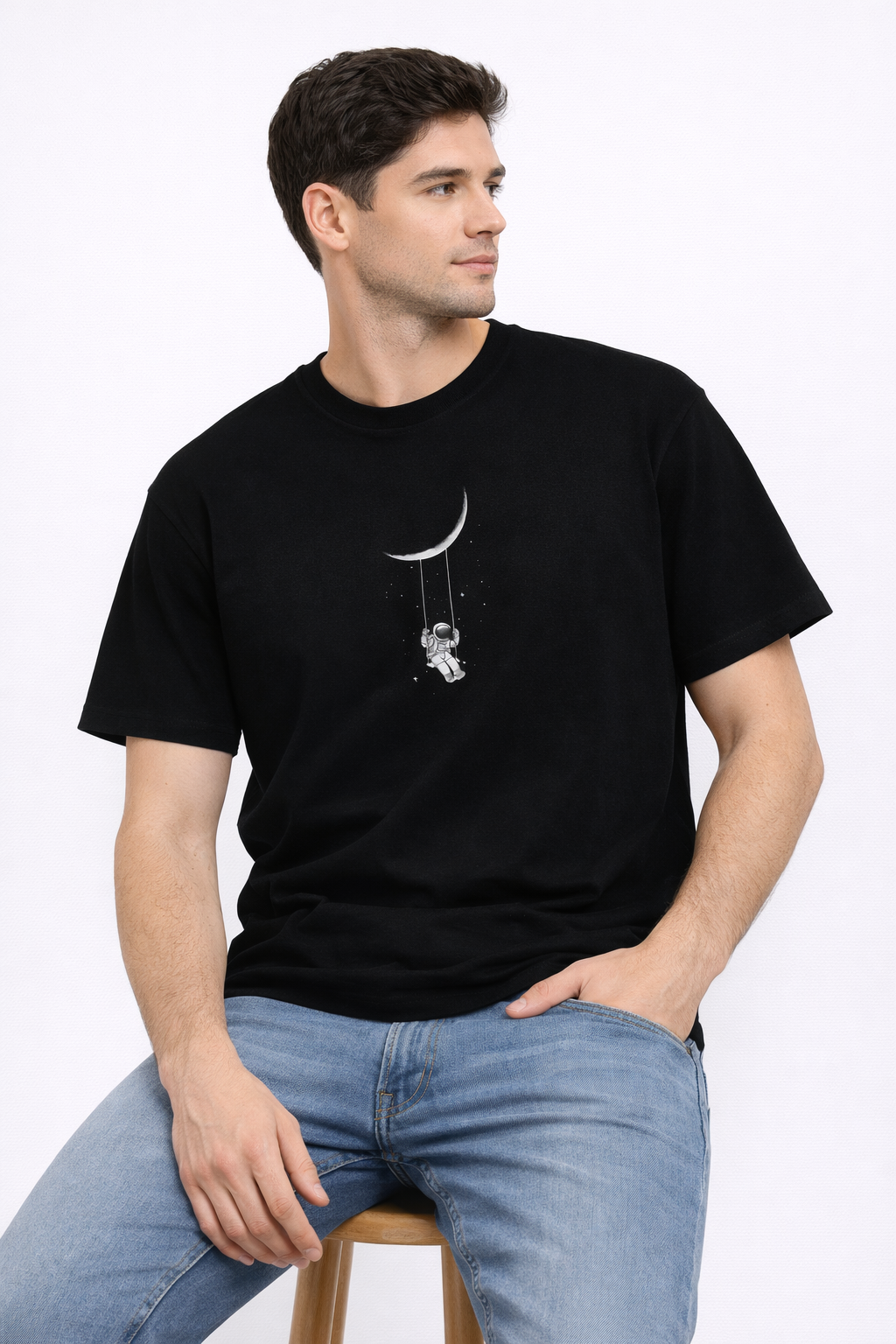 MİNBLU Astronot Ay Baskılı Siyah Tişört