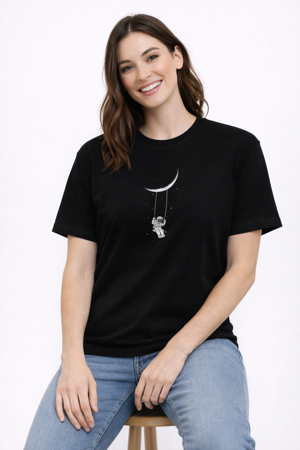 MİNBLU Astronot Ay Baskılı Siyah Tişört