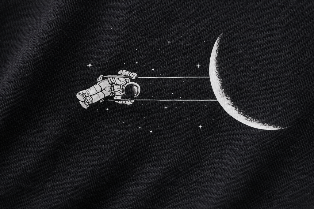 MİNBLU Astronot Ay Baskılı Siyah Tişört