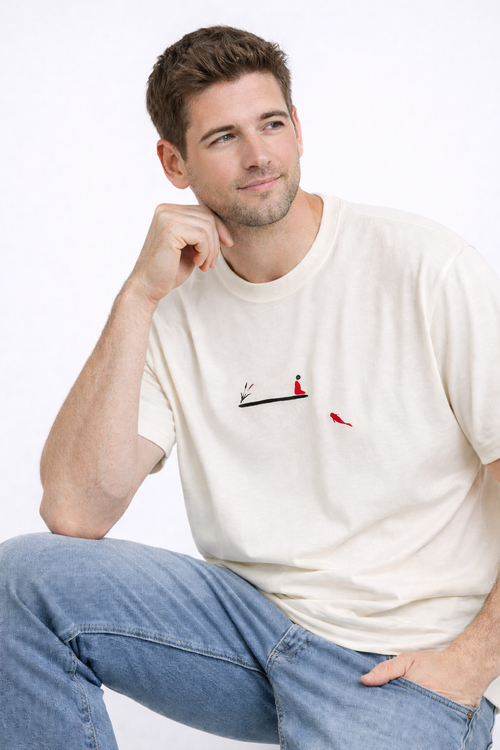 MİNBLU Balık ve İnsan Baskılı Ekru (Kırık Beyaz) Tişört