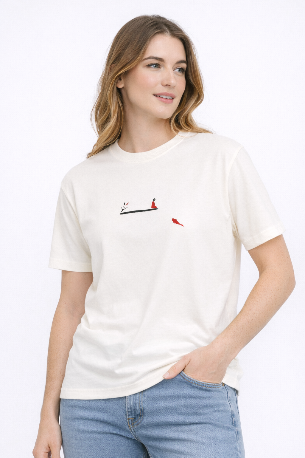 MİNBLU Balık ve İnsan Baskılı Ekru (Kırık Beyaz) Tişört