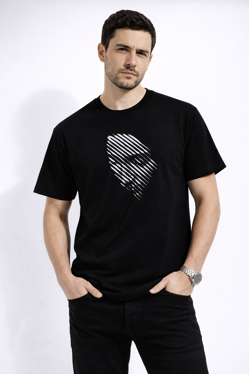 MİNBLU Çizgi Siluet Baskılı Siyah Tişört