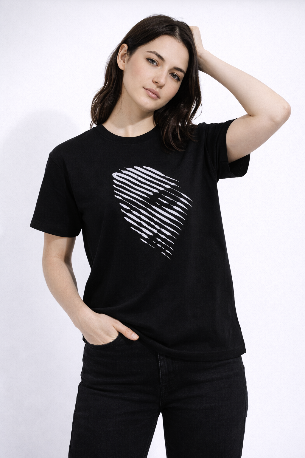 MİNBLU Çizgi Siluet Baskılı Siyah Tişört